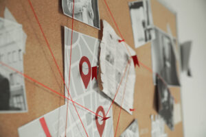 Detective board with crime scene photos and red threads, closeup